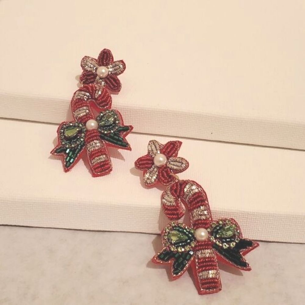 New Candycane Beaded Rhinestone Holiday Earrings